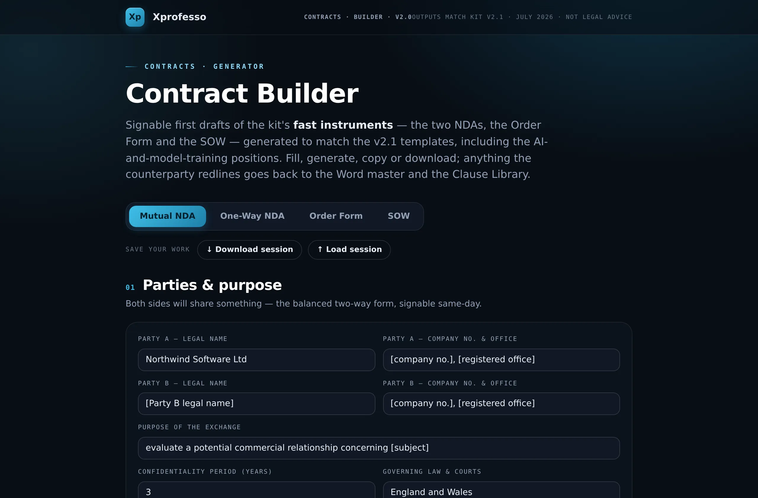 Contract Builder from the kit — assemble an NDA, Order Form or SOW in the browser
