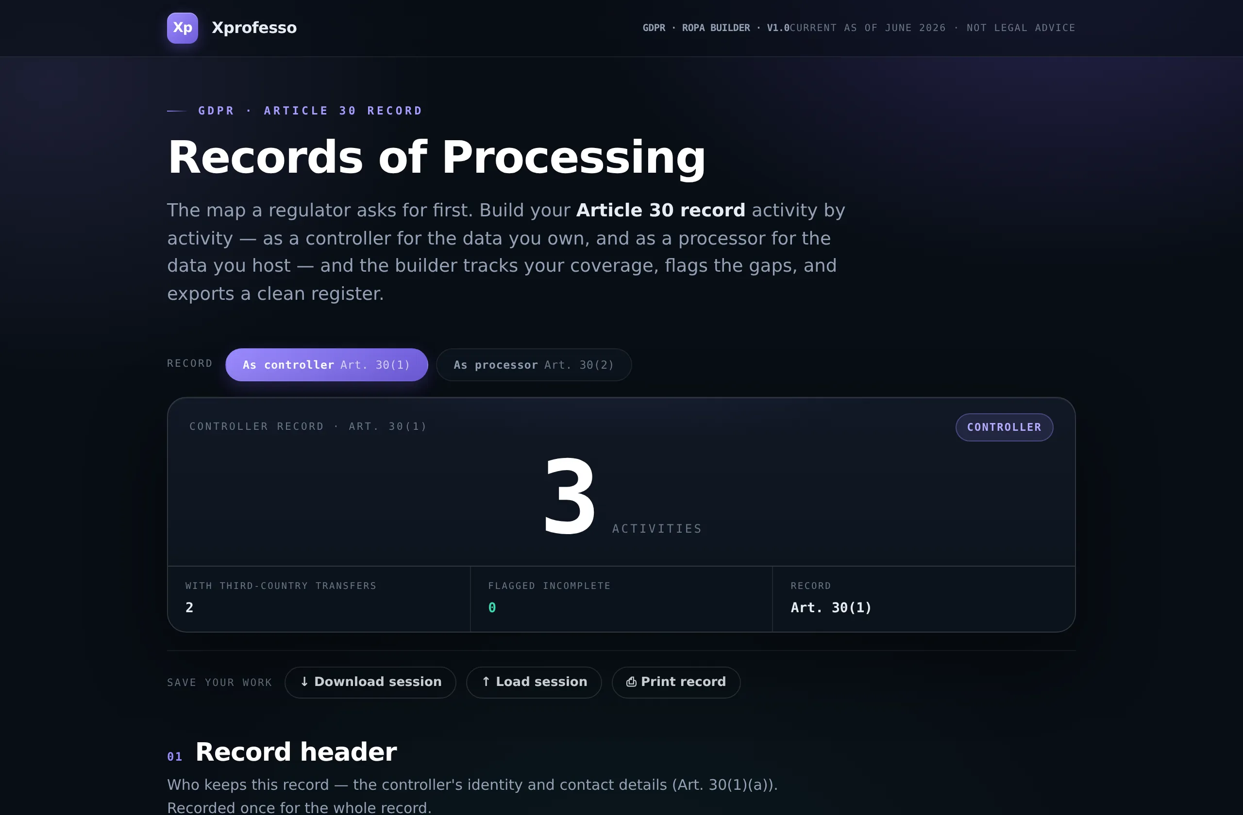 RoPA Builder console from the GDPR Compliance Kit — the Article 30 record with live activity counters