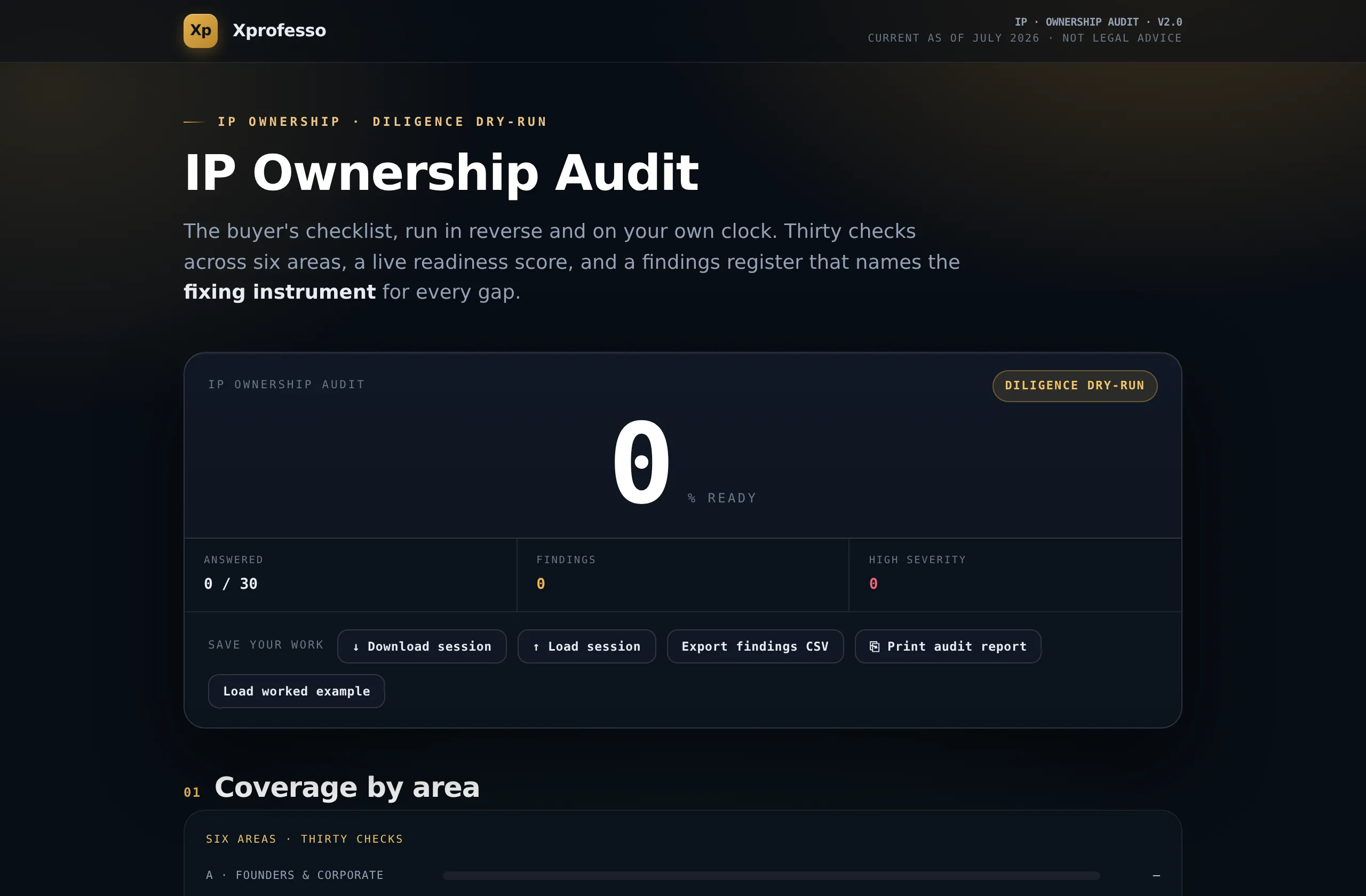 IP Ownership Audit console from the kit — dry-run the diligence questions