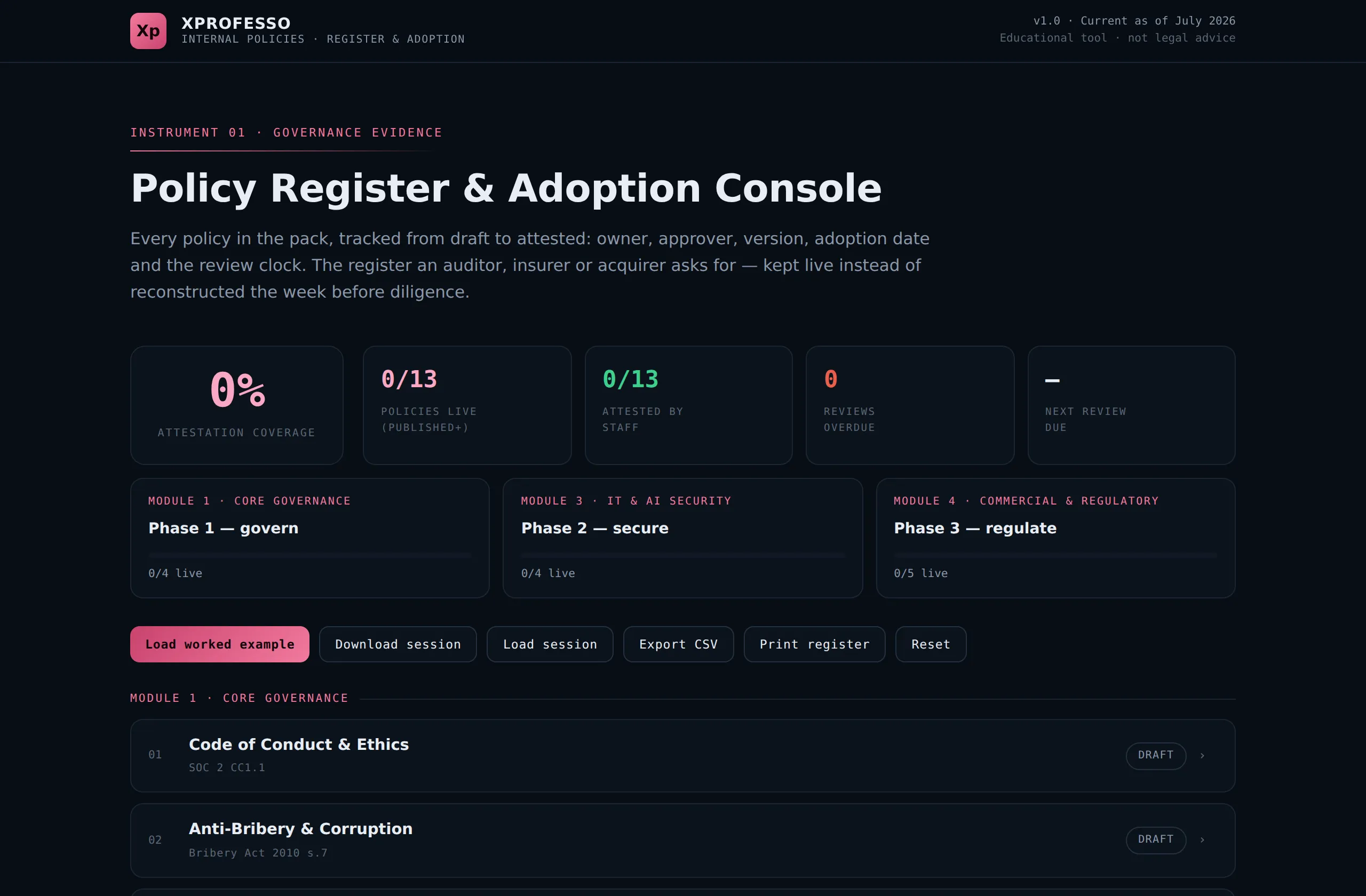 Policies Register and Adoption Console from the pack — ownership, sign-off and acknowledgement tracking